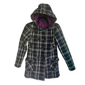 Volcom Women's Black & White Plaid Trench Peacoat Quilted Lining w/ Hood Size XS